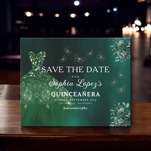 Budget Green Gold Quinceanera Save the Date