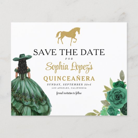 Budget Green Gold Quinceanera Save the Date Flyer (Voorkant)