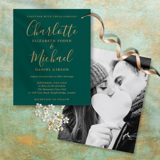 Budget Green Gold Script Photo Weduwen Uitnodiging