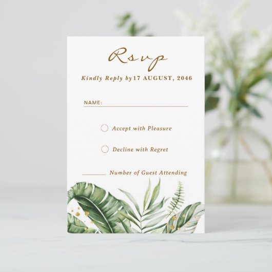Budget Green Leaf Boho Greenery Wedding RSVP Kaart (Staand voorkant)