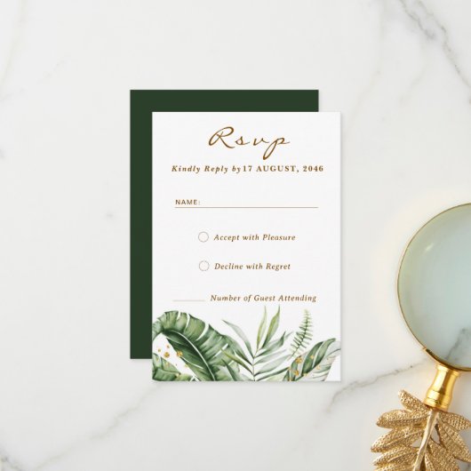 Budget Green Leaf Boho Greenery Wedding RSVP Kaart (Voorkant / Achterkant in situ)