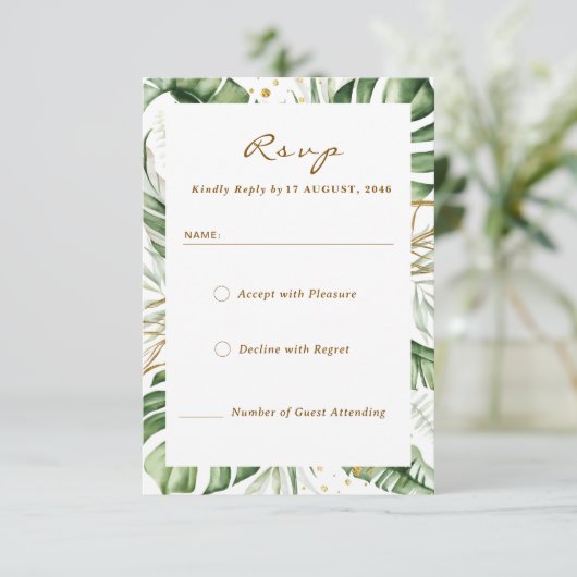 Budget Green Leaf Boho Greenery Wedding RSVP Kaart (Staand voorkant)