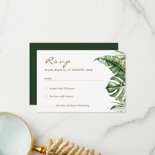 Budget Green Leaf Boho Greenery Wedding RSVP Kaart (Voorkant / Achterkant in situ)