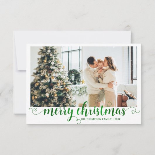 BUDGET Green Merry Christmas Heart Script Photo Notitiekaartje (Voorkant)