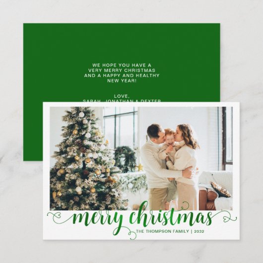 BUDGET Green Merry Christmas Heart Script Photo Notitiekaartje (Voorkant / Achterkant)