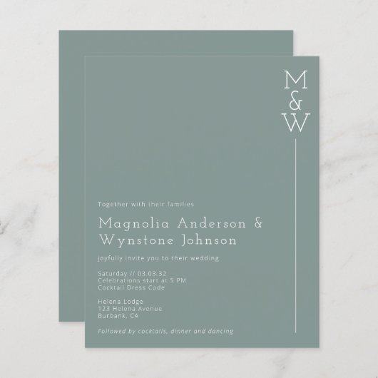 BUDGET Green Modern Monogram Weddenschap (Voorkant / Achterkant)