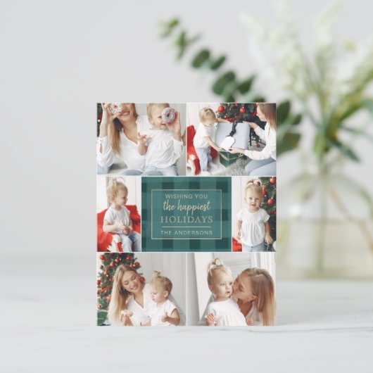 Budget Green Pset Six PhotoCollage Holiday Card (Staand voorkant)