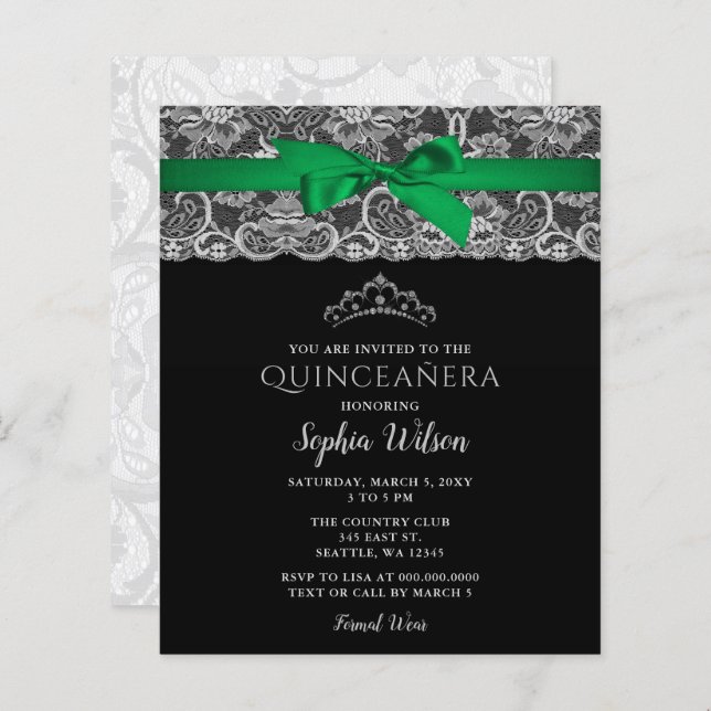 Budget Green Ribbon Lace Quinceañera Uitnodiging (Voorkant / Achterkant)