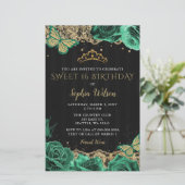Budget Green Rozen Black Gold Sweet 16 Uitnodiging (Staand voorkant)
