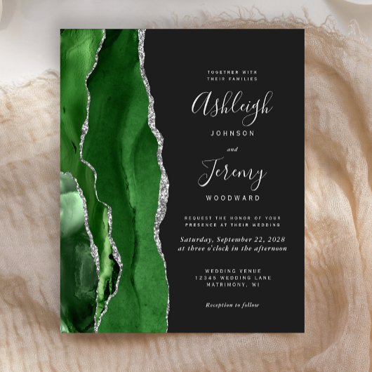 Budget Green Silver Agate Dark Wedding Uitnodiging