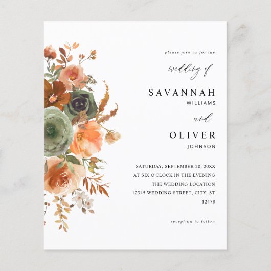 Budget Green & Terra Cotta Floral Wedding Flyer (Voorkant)