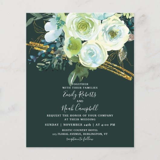 Budget Green Turquoise Floral Gold Glitter Wedding Flyer (Voorkant)