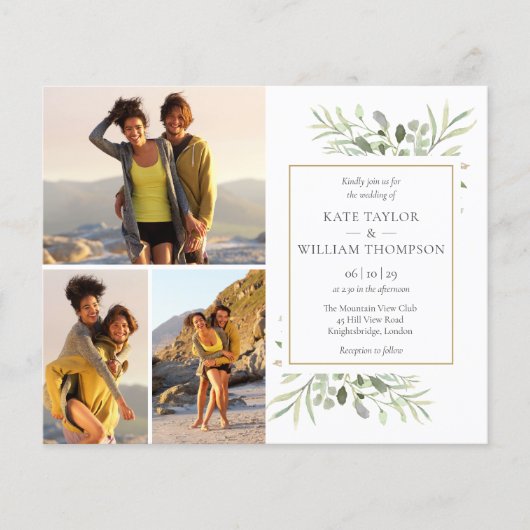 Budget Greenery 4 Foto's Wedding Uitnodiging (Voorkant)