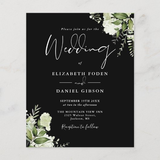 Budget Greenery Black White Wedding Invitation (Voorkant)