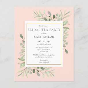 Budget Greenery Blush Pink Bridal Tea Party nodigt