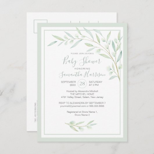 Budget Greenery Botanical Elegant Sage Baby shower Uitnodiging Briefkaart (Voorkant / Achterkant)