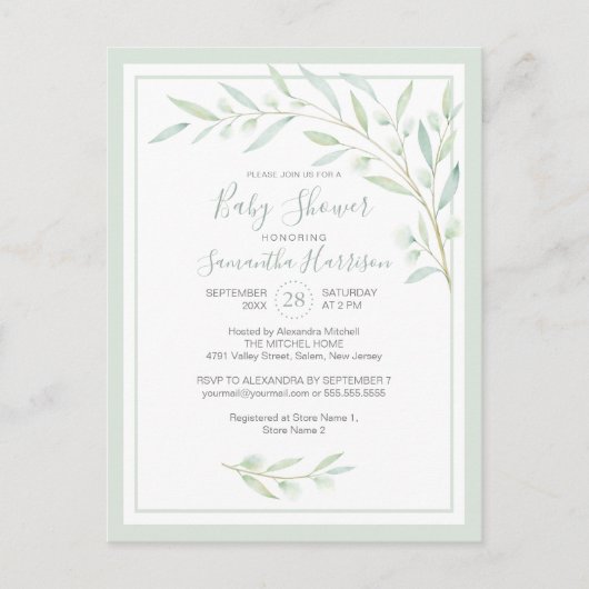 Budget Greenery Botanical Elegant Sage Baby shower Uitnodiging Briefkaart (Voorkant)