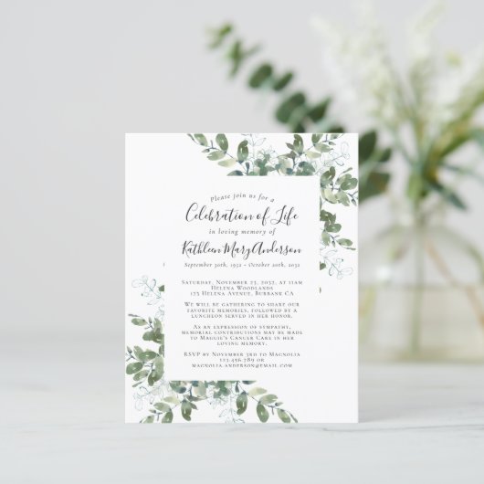 Budget Greenery Celebration of Life Invitation (Staand voorkant)