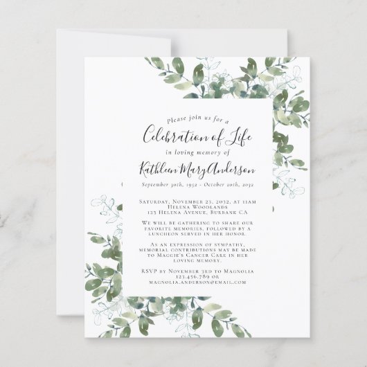 Budget Greenery Celebration of Life Invitation (Voorkant)