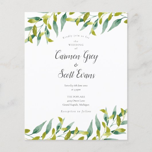 Budget Greenery Chic Script Wedding Uitnodiging (Voorkant)