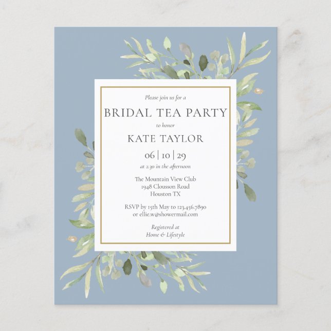 Budget Greenery Dusty Blue Bridal Tea Party nodigt (Voorkant)