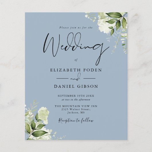 Budget Greenery Dusty Blue Wedding Invitation (Voorkant)
