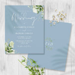Budget Greenery Dusty Blue Wedding Invitation<br><div class="desc">Deze elegante budgettaire botanische groenery verlaat de trouwuitnodiging...  kan gepersonaliseerd worden met je informatie in de chique typografie met je monogram initialen aan de achterkant. Ontworpen door: Thisnotme©</div>