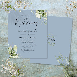 Budget Greenery Dusty Blue Wedding Invitation