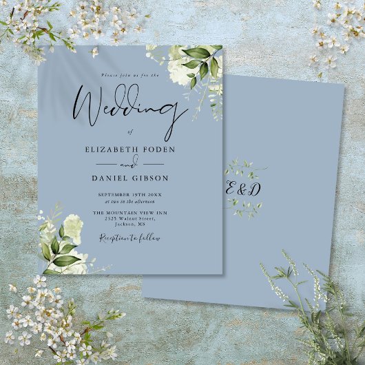 Budget Greenery Dusty Blue Wedding Invitation