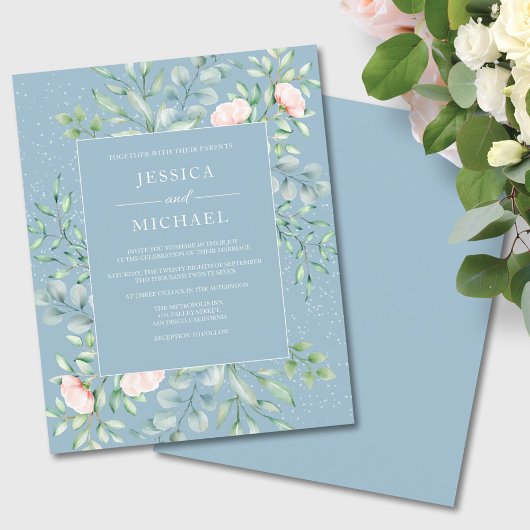 Budget Greenery Dusty Blue Wedding Invitation