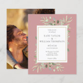 Budget Greenery Dusty Roos Wedding Photo Uitnodige (Voorkant / Achterkant)