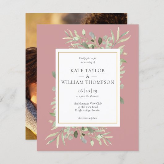 Budget Greenery Dusty Roos Wedding Photo Uitnodige (Voorkant / Achterkant)