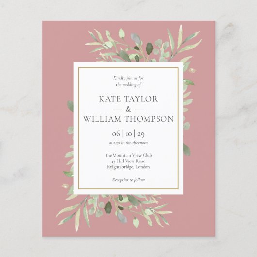 Budget Greenery Dusty Roos Wedding Photo Uitnodige (Voorkant)