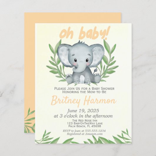 Budget Greenery Elephant Neutral Baby shower (Voorkant / Achterkant)