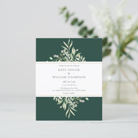 Budget Greenery Emerald Green Wedding Invitation (Staand voorkant)