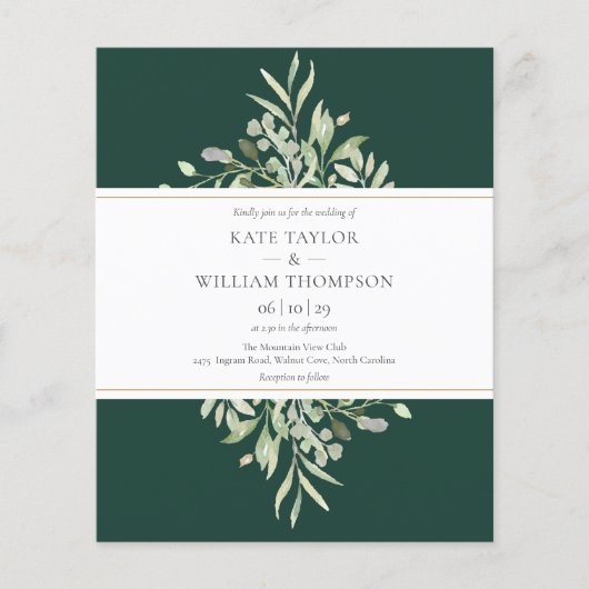 Budget Greenery Emerald Green Wedding Invitation (Voorkant)