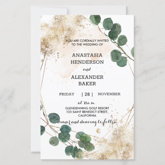 Budget Greenery en Gold Wedding Invitation. (Voorkant)