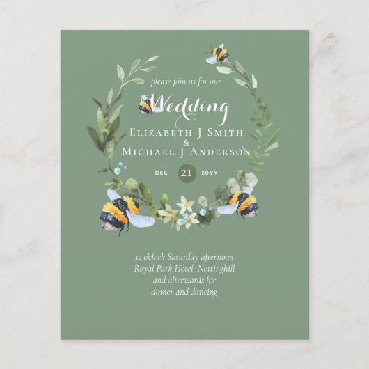 BUDGET Greenery Eucalyptus bijen bruiloft uitnodig (Voorkant)