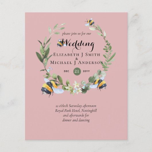 BUDGET Greenery Eucalyptus bijen bruiloft uitnodig (Voorkant)