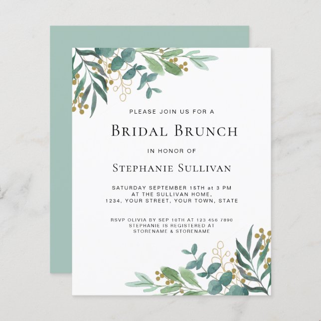 Budget Greenery Eucalyptus Bridal Brunch Invite (Voorkant / Achterkant)