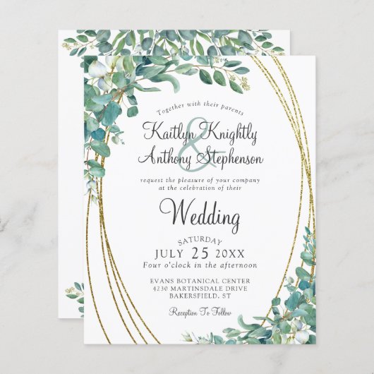 Budget Greenery Eucalyptus Gold Wedding Invitation (Voorkant / Achterkant)