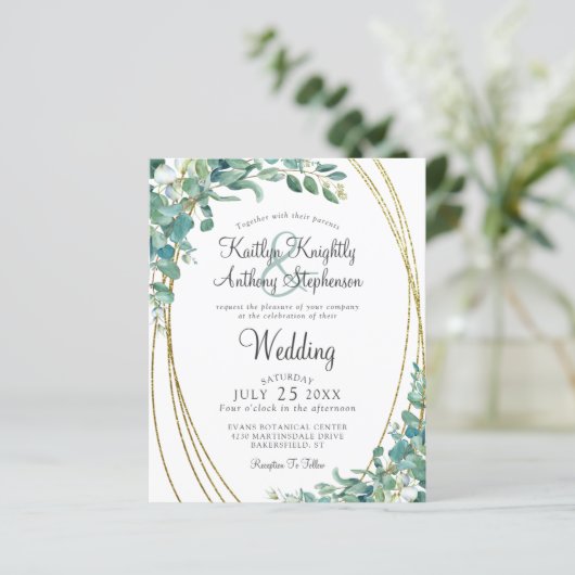 Budget Greenery Eucalyptus Gold Wedding Invitation (Staand voorkant)
