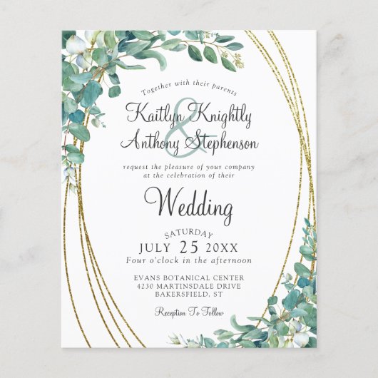 Budget Greenery Eucalyptus Gold Wedding Invitation (Voorkant)