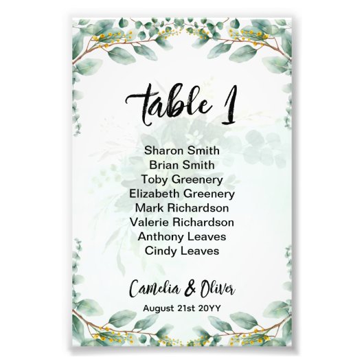 BUDGET Greenery Eucalyptus SEATING CHART Wedding Foto Afdruk (Voorkant)