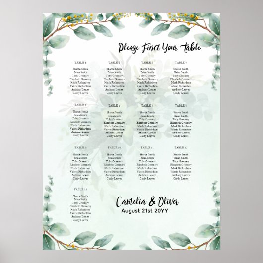 BUDGET Greenery Eucalyptus SEATING CHART Wedding Poster (Voorkant)