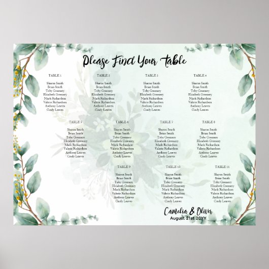 BUDGET Greenery Eucalyptus SEATING CHART Wedding Poster (Voorkant)