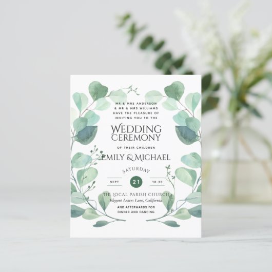 Budget Greenery Eucalyptus Wedding Invite (Staand voorkant)