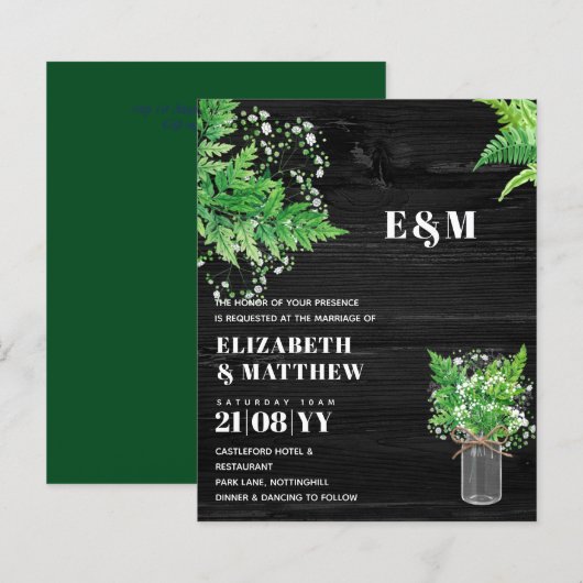 BUDGET Greenery Ferns Monochromatic Wedding Invite (Voorkant / Achterkant)
