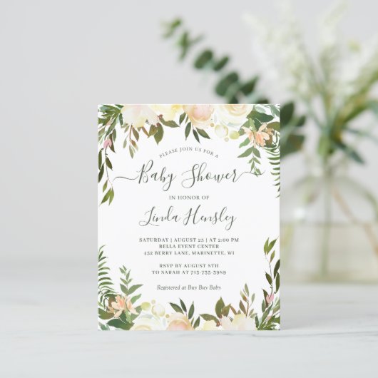 Budget Greenery Floral Baby Shower-uitnodigingen (Staand voorkant)
