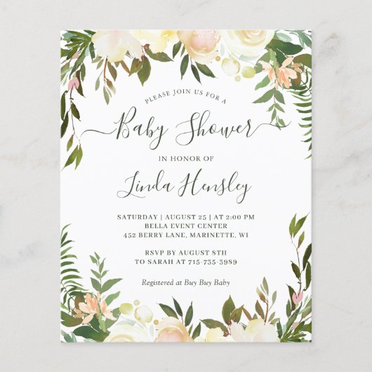 Budget Greenery Floral Baby Shower-uitnodigingen (Voorkant)